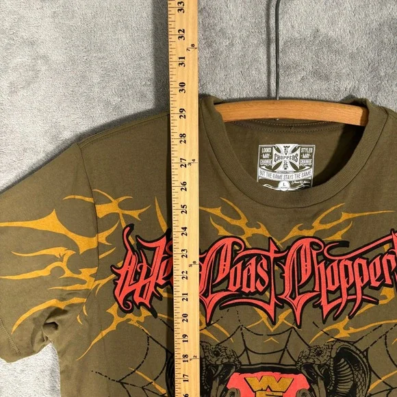 West Coast Choppers Mens Large Olive Green Graphic T-Shirt Cobra Iron Cross Y2K - Picture 7 of 9